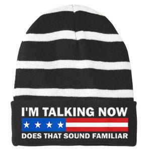 IM Talking Now Does That Sound Familiar Funny Trump Debate Striped Beanie with Solid Band