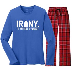 Irony: The Opposite Of Wrinkly Funny Sarcastic Wordplay Pun Funny Gift Women's Long Sleeve Flannel Pajama Set 