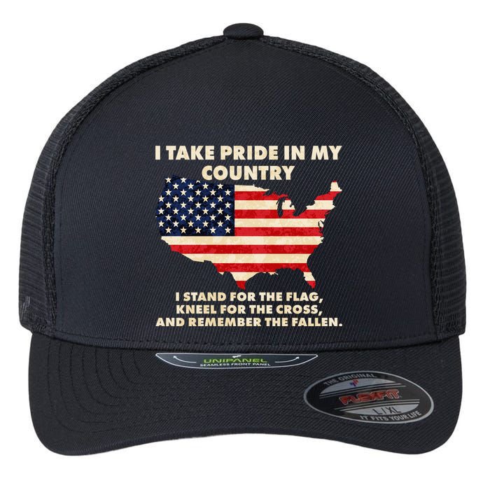 I Take Pride In My Country Distressed USA American Flag Map Flexfit Unipanel Trucker Cap