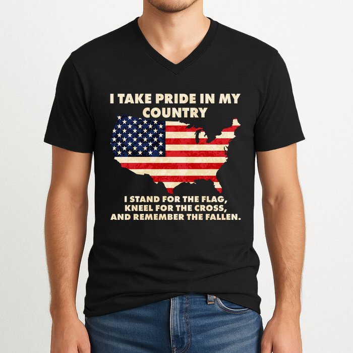 I Take Pride In My Country Distressed USA American Flag Map V-Neck T-Shirt