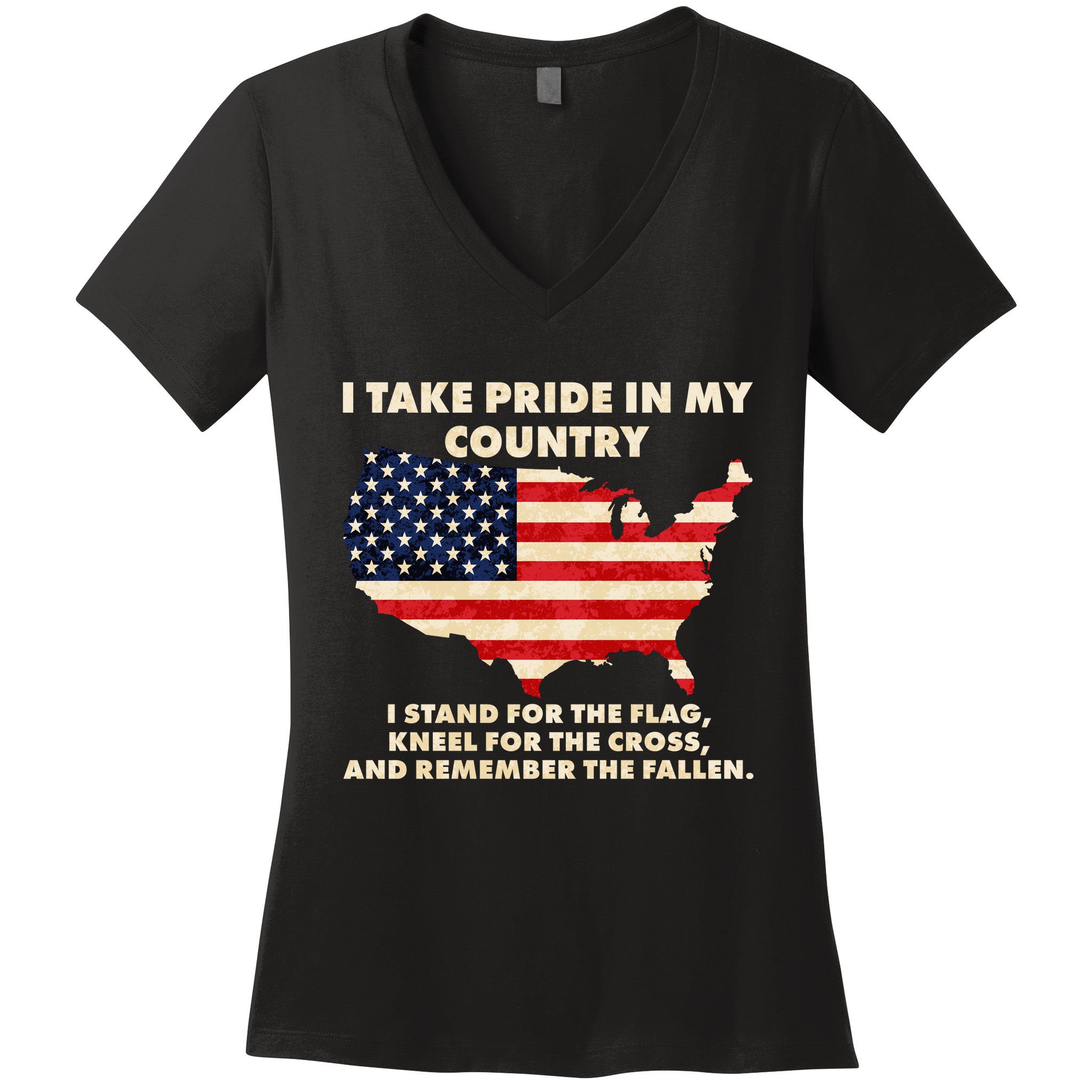 I Take Pride In My Country Distressed USA American Flag Map Women's V-Neck T-Shirt