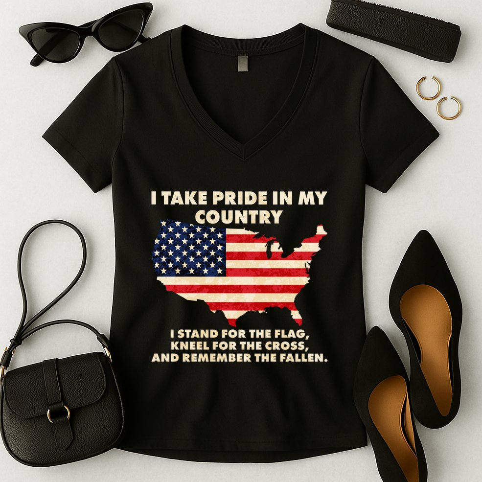 I Take Pride In My Country Distressed USA American Flag Map Women's V-Neck T-Shirt
