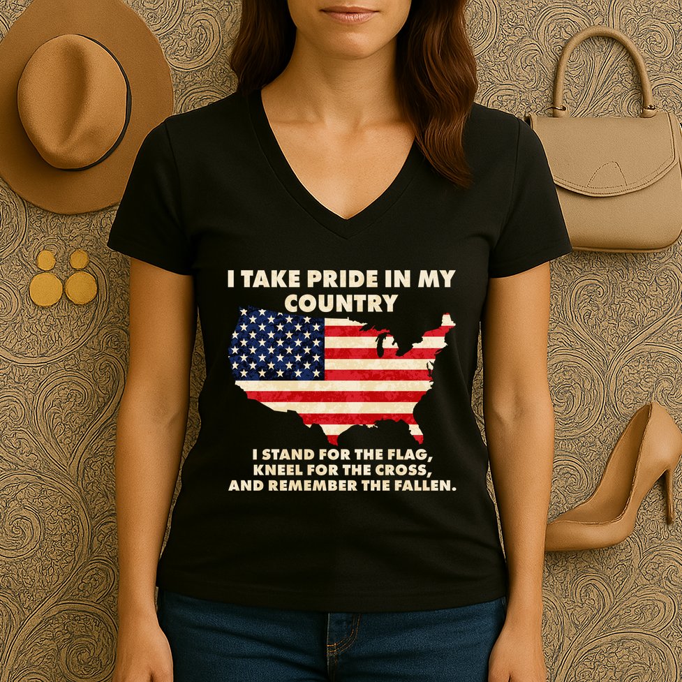 I Take Pride In My Country Distressed USA American Flag Map Women's V-Neck T-Shirt