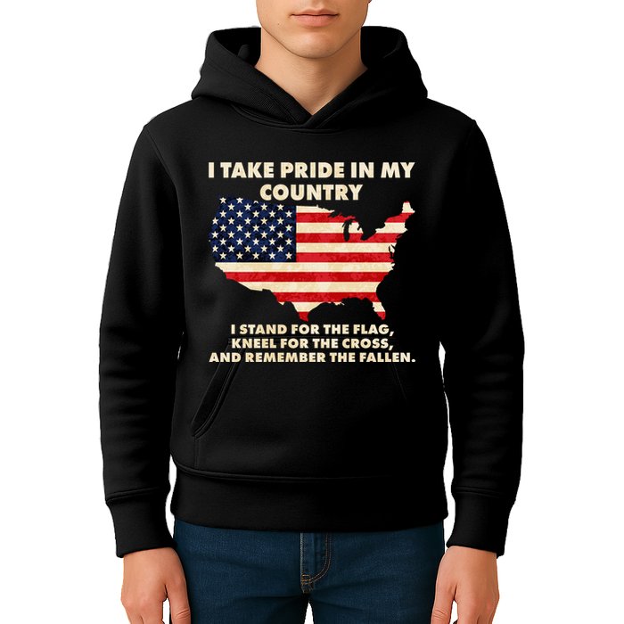 I Take Pride In My Country Distressed USA American Flag Map Kids Hoodie