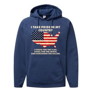 I Take Pride In My Country Distressed USA American Flag Map Performance Fleece Hoodie