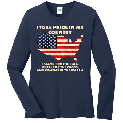 I Take Pride In My Country Distressed USA American Flag Map Ladies Long Sleeve Shirt