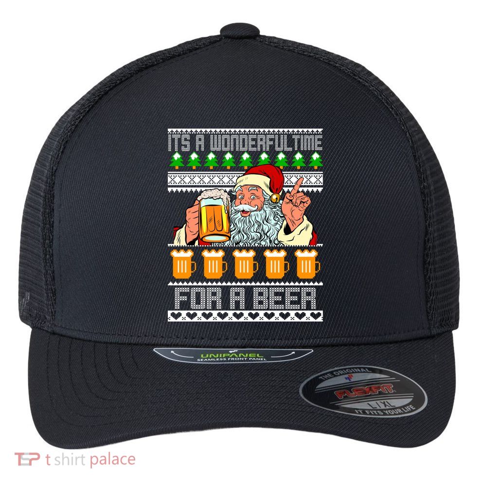 It's A Wonderful Time For A Beer Ugly Christmas Sweater Design Flexfit Unipanel Trucker Cap