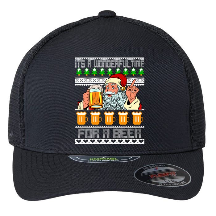 It's A Wonderful Time For A Beer Ugly Christmas Sweater Design Flexfit Unipanel Trucker Cap
