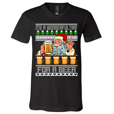 It's A Wonderful Time For A Beer Ugly Christmas Sweater Design V-Neck T-Shirt