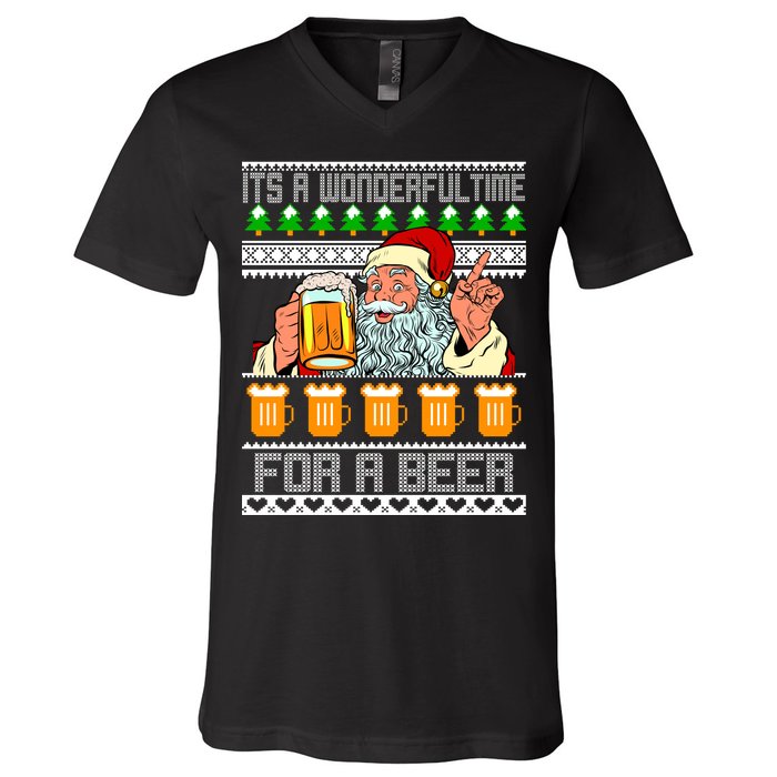 It's A Wonderful Time For A Beer Ugly Christmas Sweater Design V-Neck T-Shirt