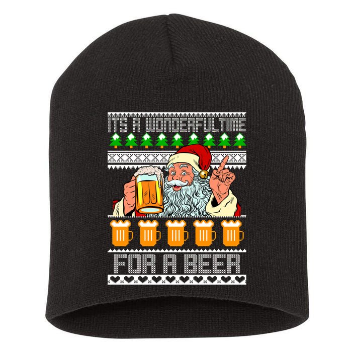 It's A Wonderful Time For A Beer Ugly Christmas Sweater Design Short Acrylic Beanie