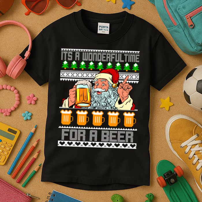 It's A Wonderful Time For A Beer Ugly Christmas Sweater Design Kids T-Shirt