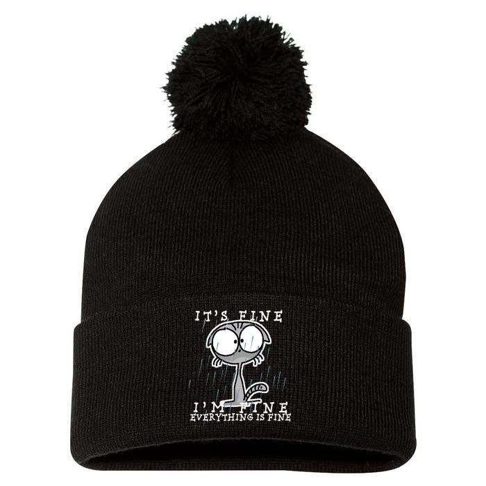 It's Fine I'm Fine Everything Is Fine Cat  Pom Pom 12in Knit Beanie