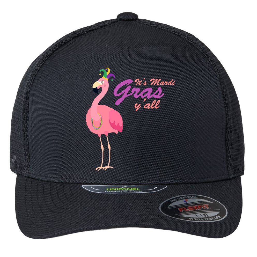 IT's Mardi Gras Flamingo Flexfit Unipanel Trucker Cap
