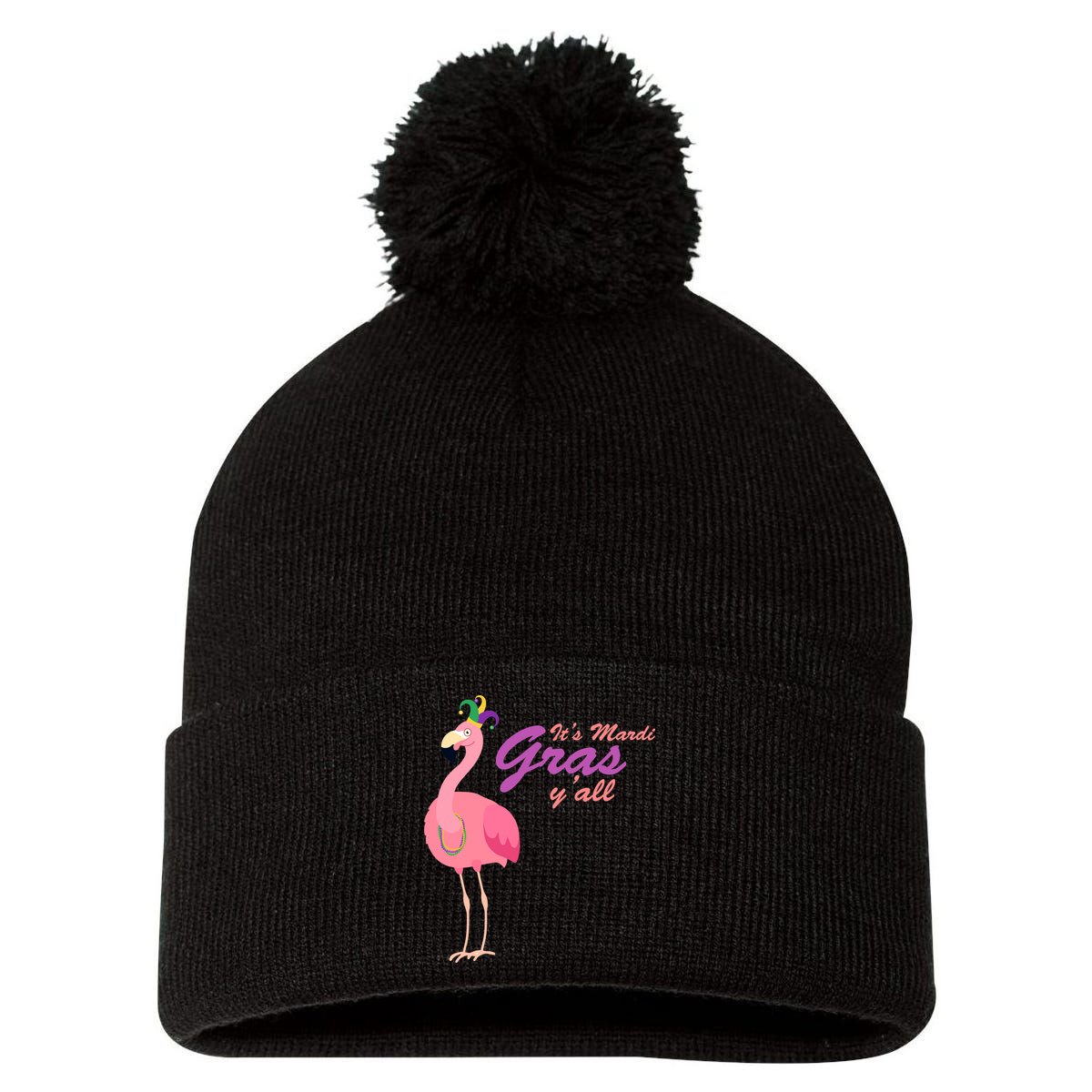 IT's Mardi Gras Flamingo Pom Pom 12in Knit Beanie