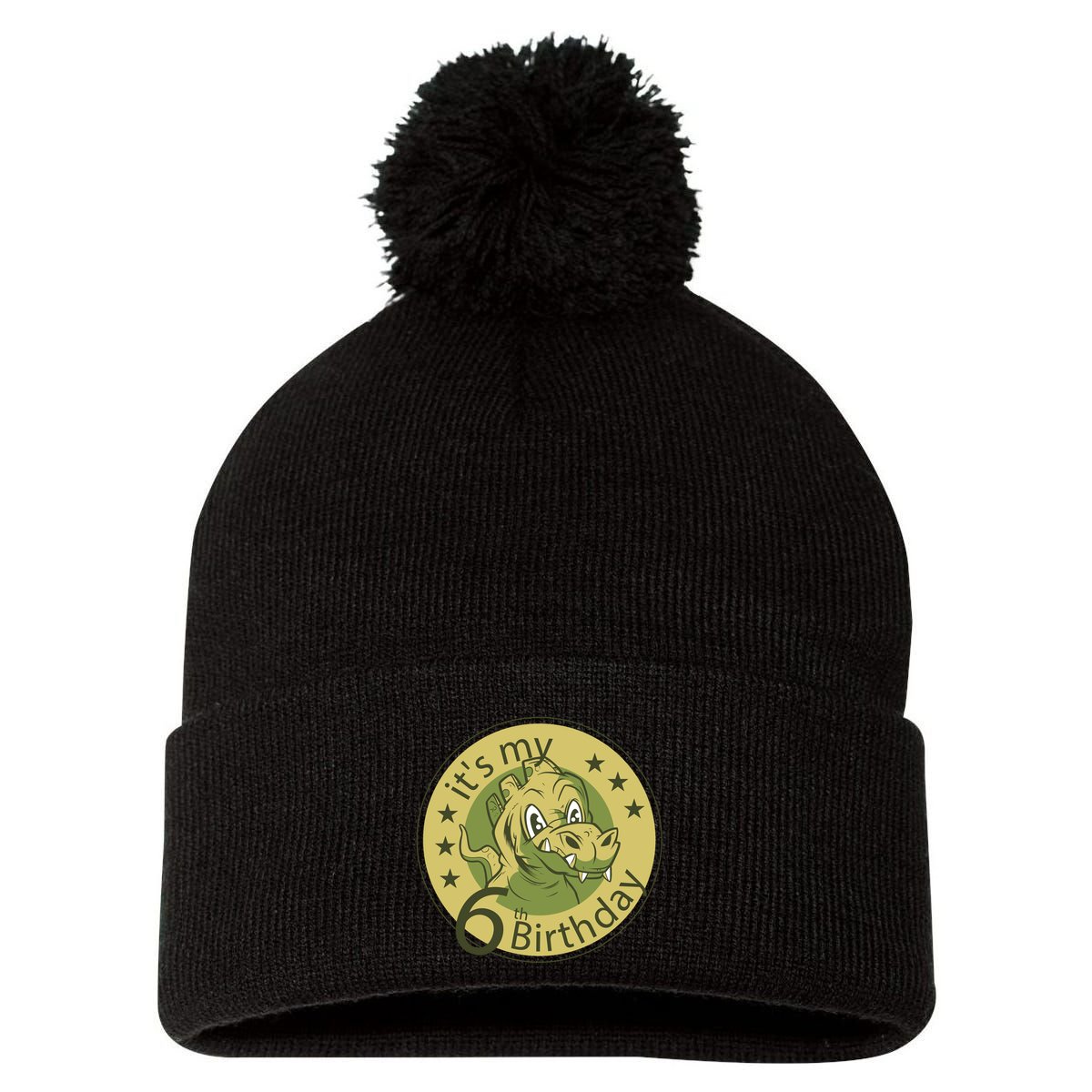 It's My 6th Birthday Dinosaur Pom Pom 12in Knit Beanie
