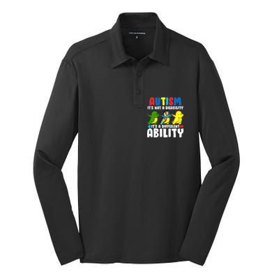 It's Not A Disability Ability Autism Dinosaur Dabbing Silk Touch Performance Long Sleeve Polo