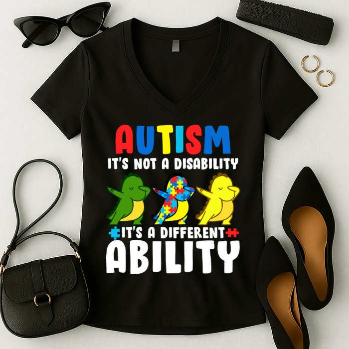 It's Not A Disability Ability Autism Dinosaur Dabbing Women's V-Neck T-Shirt