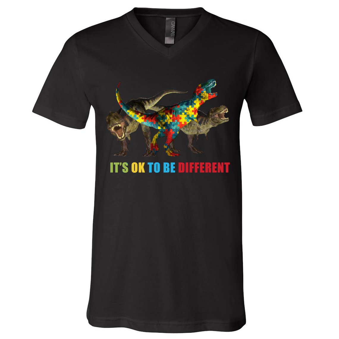 It's Ok To Be Different Dinosaur Autism Awareness V-Neck T-Shirt