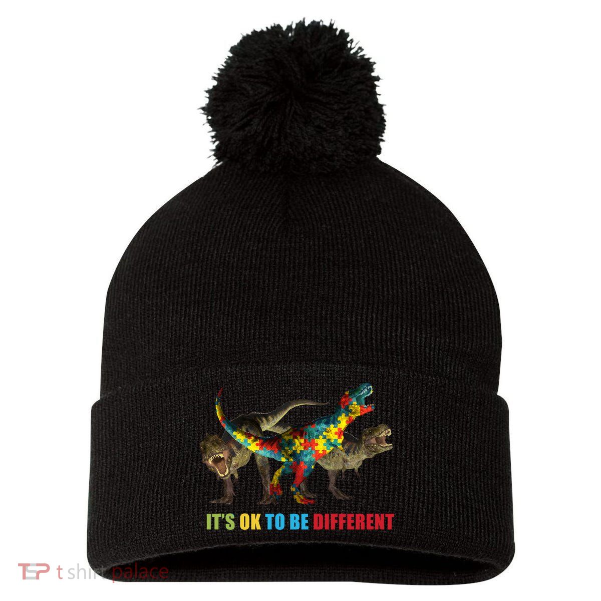 It's Ok To Be Different Dinosaur Autism Awareness Pom Pom 12in Knit Beanie