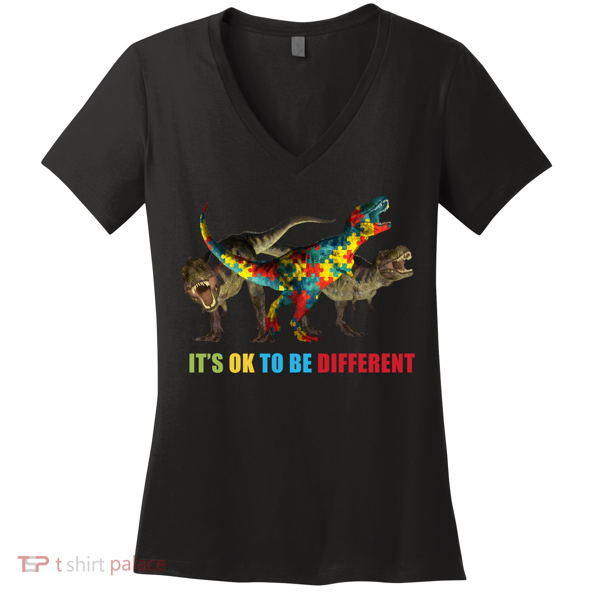It's Ok To Be Different Dinosaur Autism Awareness Women's V-Neck T-Shirt