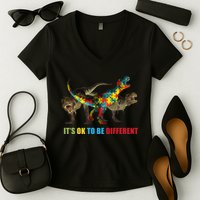 It's Ok To Be Different Dinosaur Autism Awareness Women's V-Neck T-Shirt