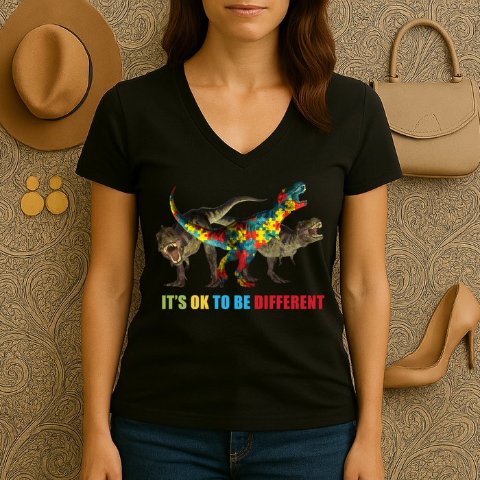 It's Ok To Be Different Dinosaur Autism Awareness Women's V-Neck T-Shirt