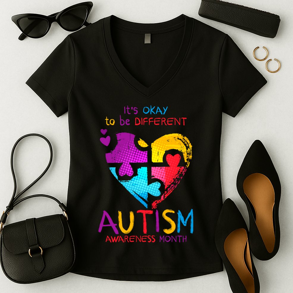 It's Okay To Be Different Autism Awareness Month Women's V-Neck T-Shirt