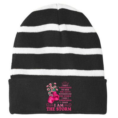 I'm The Storm Boxing Warrior Pink Ribbon  Breast Cancer Striped Beanie with Solid Band