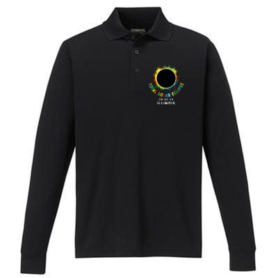 Illinois Total Solar Eclipse Totality April 8 2024 Tie Dye Performance Long Sleeve Polo