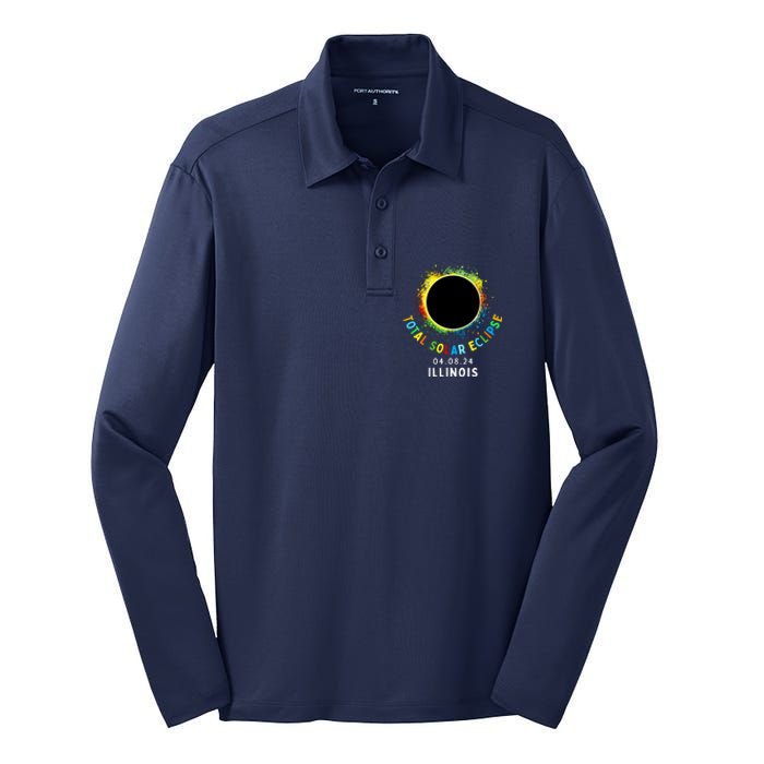 Illinois Total Solar Eclipse Totality April 8 2024 Tie Dye Silk Touch Performance Long Sleeve Polo