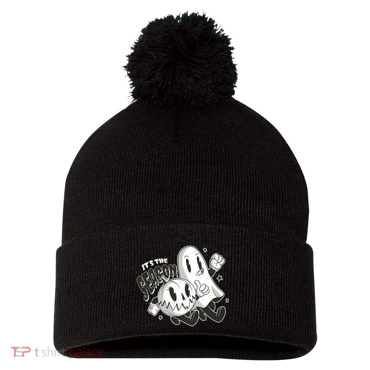 It's The Season Halloween Ghost And Pumpkin Pom Pom 12in Knit Beanie