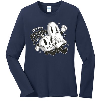 It's The Season Halloween Ghost And Pumpkin Ladies Long Sleeve Shirt