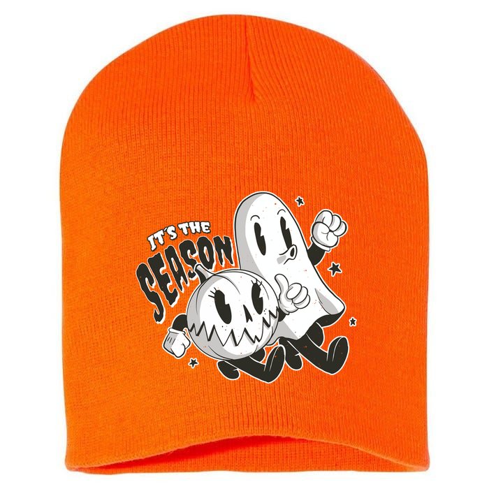 It's The Season Halloween Ghost And Pumpkin Short Acrylic Beanie