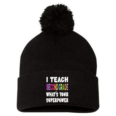I Teach Second Grade Whats Your Superpower 2nd Grade Teacher Pom Pom 12in Knit Beanie