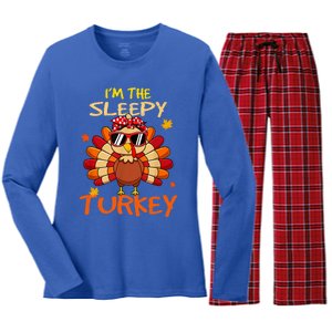 Im The Sleepy Turkey Family Happy Thanksgiving Thankful Gift Women's Long Sleeve Flannel Pajama Set 