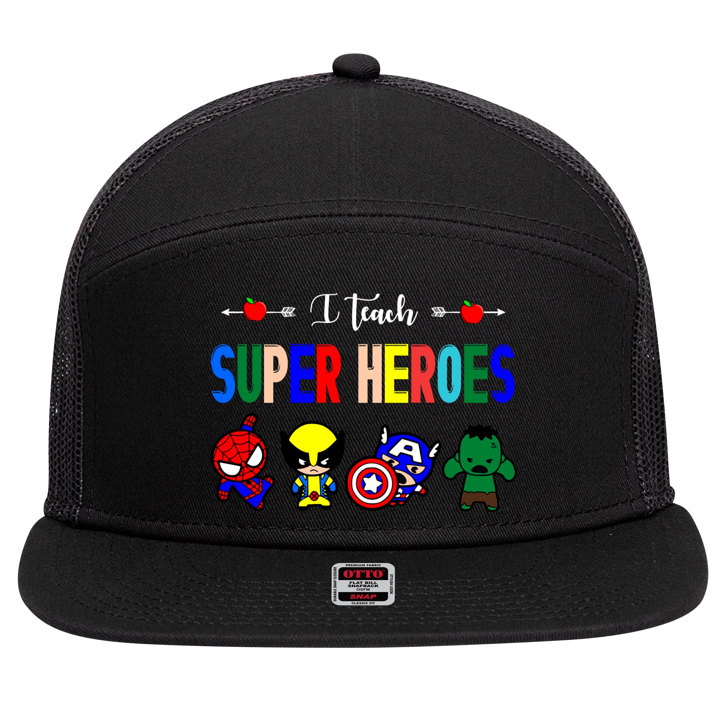 I Teacher Super Heroes Cute Superhero Characters 7 Panel Mesh Trucker Snapback Hat