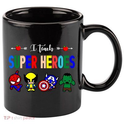I Teacher Super Heroes Cute Superhero Characters 11oz C Handle Ceramic Mug