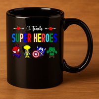I Teacher Super Heroes Cute Superhero Characters 11oz C Handle Ceramic Mug