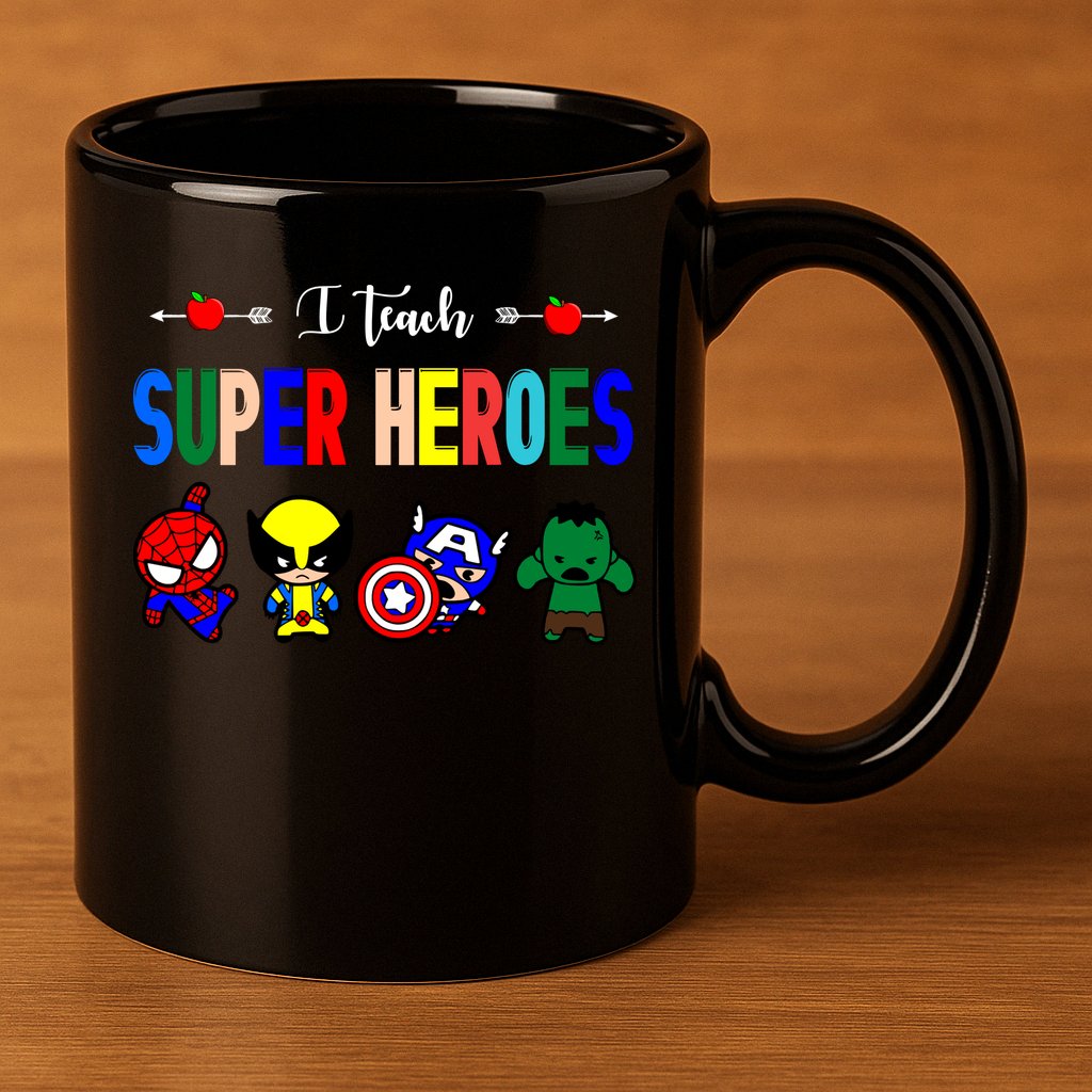 I Teacher Super Heroes Cute Superhero Characters 11oz C Handle Ceramic Mug