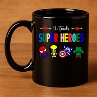 I Teacher Super Heroes Cute Superhero Characters 11oz C Handle Ceramic Mug