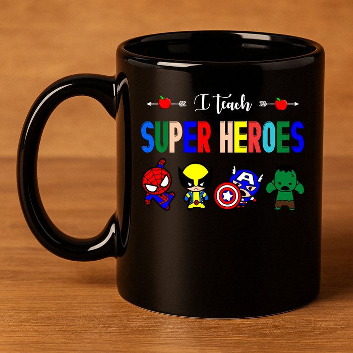 I Teacher Super Heroes Cute Superhero Characters 11oz C Handle Ceramic Mug