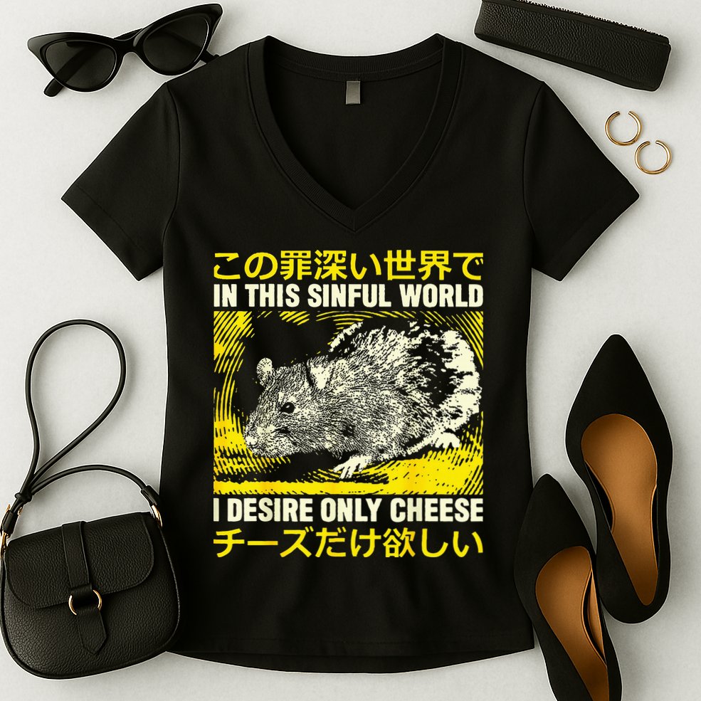 In This Sinful World I Desire Only Cheese Rat Japanese Women's V-Neck T-Shirt