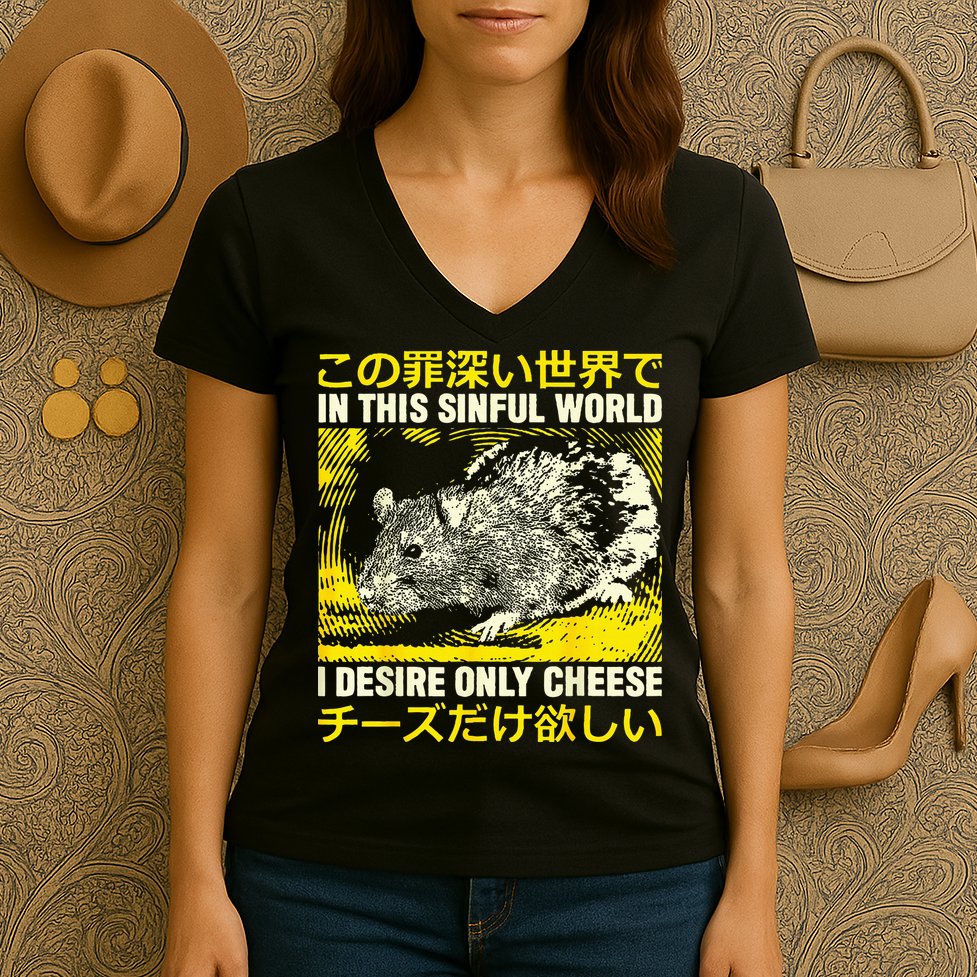 In This Sinful World I Desire Only Cheese Rat Japanese Women's V-Neck T-Shirt