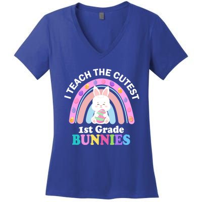 I Teach The Cutest 1st Grade Bunnies Teacher Easter Day Cute Gift Women's V-Neck T-Shirt