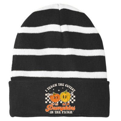 I Teach The Cutest Pumpkins In The Patch Retro Teacher Fall Striped Beanie with Solid Band