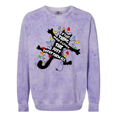 If That Thing Had 9 Ives She Just Spent Them All Funny Cat Christmas Lights Colorblast Crewneck Sweatshirt