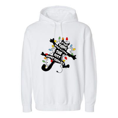 If That Thing Had 9 Ives She Just Spent Them All Funny Cat Christmas Lights Garment-Dyed Fleece Hoodie