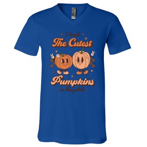 I Teach The Cutest Pumpkins In The Patch Retro Teacher Fall Cool Gift V-Neck T-Shirt