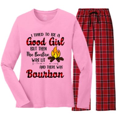 I Tried To Be A Good But Then The Bonfire Bourbon Gift Women's Long Sleeve Flannel Pajama Set 